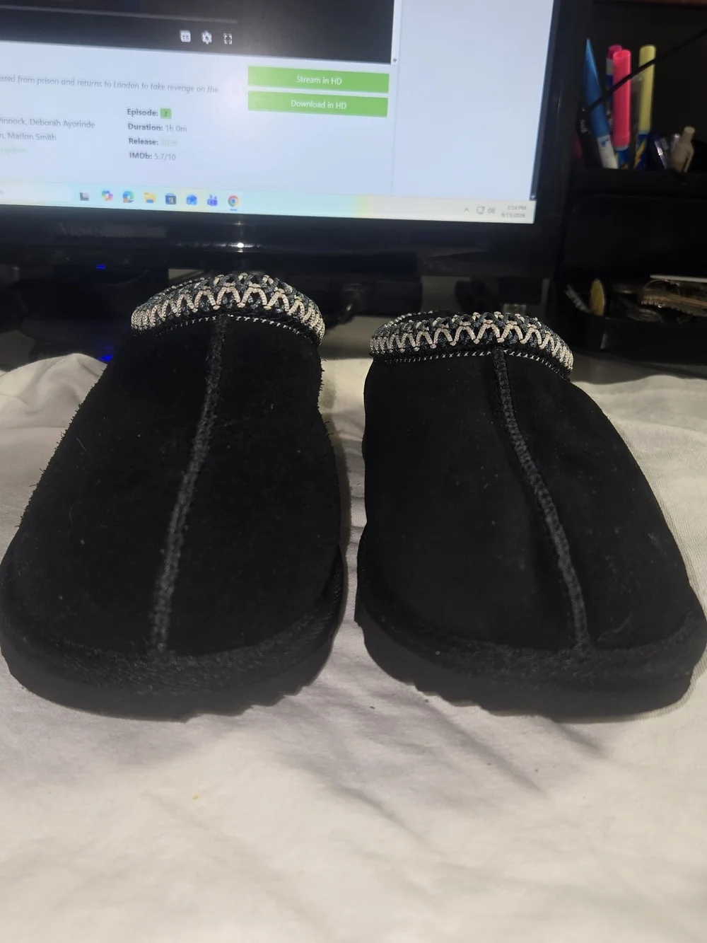 UGG Kids Black Suede Slip-On Slippers with Patterned Cuff